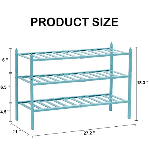 Quiqear Bamboo Shoe Rack, 3 Tier Shoe Rack Organizer, Stackable & Durable Shoe Shelf Holder, Free Standing Shoe Racks, Shoe Storage Organizer for Entryway, Closet, Hallway, 27.2*11*18.3inch (Green)