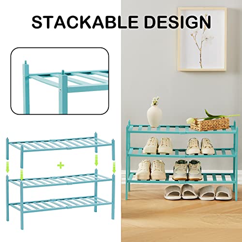 Quiqear Bamboo Shoe Rack, 3 Tier Shoe Rack Organizer, Stackable & Durable Shoe Shelf Holder, Free Standing Shoe Racks, Shoe Storage Organizer for Entryway, Closet, Hallway, 27.2*11*18.3inch (Green)