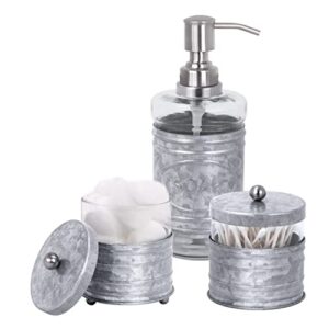 autumn alley adorable 3 piece farmhouse bathroom accessory set for sink/vanity with galvanized soap dispenser, cotton ball container with lid, qtip organizer- galvanized farmhouse bathroom decor