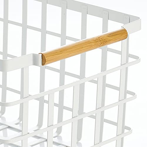 mDesign Metal Wire Closet Storage Basket Bin Organizer with Wood Handles for Bedroom, Bathroom, Mudroom, Entryway, Hallway, or Linen Closet Organization - Yami Collection - 4 Pack, Matte White/Natural