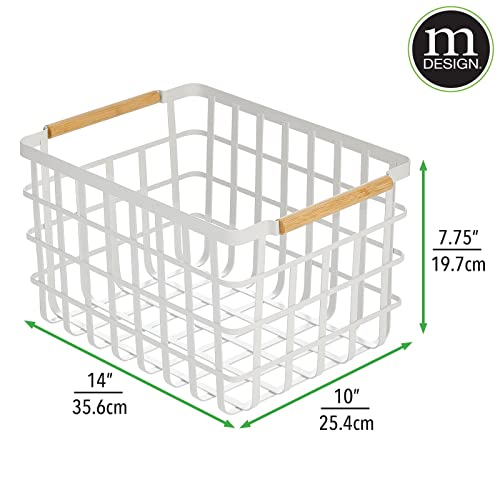 mDesign Metal Wire Closet Storage Basket Bin Organizer with Wood Handles for Bedroom, Bathroom, Mudroom, Entryway, Hallway, or Linen Closet Organization - Yami Collection - 4 Pack, Matte White/Natural