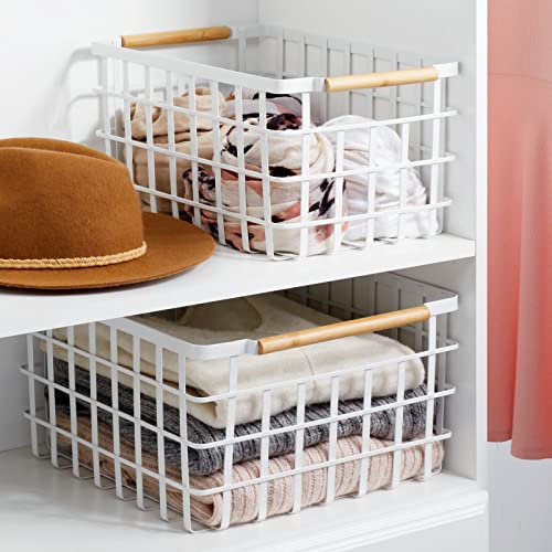 mDesign Metal Wire Closet Storage Basket Bin Organizer with Wood Handles for Bedroom, Bathroom, Mudroom, Entryway, Hallway, or Linen Closet Organization - Yami Collection - 4 Pack, Matte White/Natural