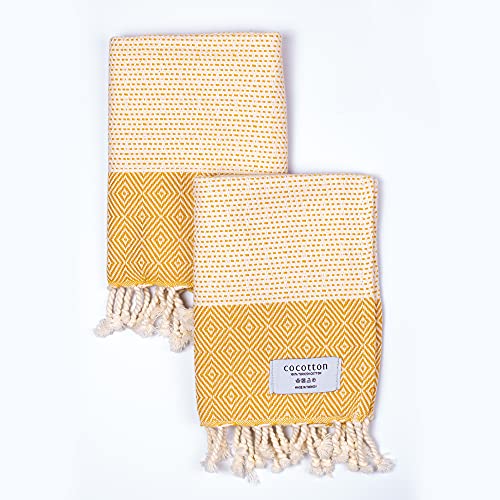 COCOTTON Boho Diamond Turkish Hand Towels Set of 2 | 100% Cotton 16 x 40 Inches | Decorative Bathroom Hand Hair Face Gym Yoga Dishcloth Tea Kitchen Light Weight Quick Dry Farmhouse Towel (Mustard)