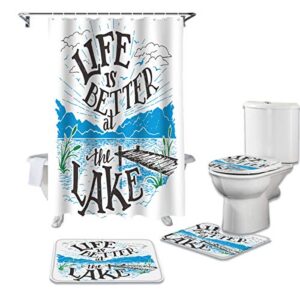onehoney 4 piece shower curtain sets with non-slip rugs, life is better at the lake quotes bathroom curtains waterproof, lake and mountain landscape decor doormat, toilet lid cover and bath mat