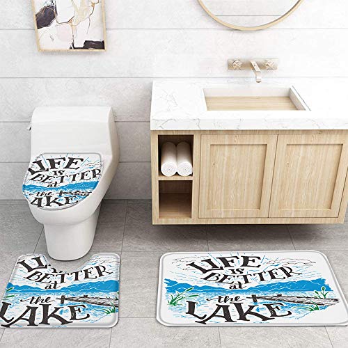 OneHoney 4 Piece Shower Curtain Sets with Non-Slip Rugs, Life is Better at The Lake Quotes Bathroom Curtains Waterproof, Lake and Mountain Landscape Decor Doormat, Toilet Lid Cover and Bath Mat