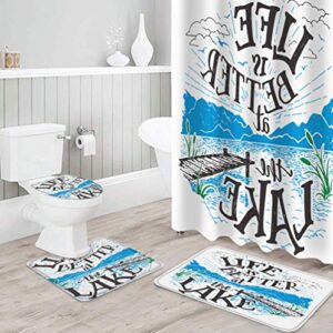 OneHoney 4 Piece Shower Curtain Sets with Non-Slip Rugs, Life is Better at The Lake Quotes Bathroom Curtains Waterproof, Lake and Mountain Landscape Decor Doormat, Toilet Lid Cover and Bath Mat