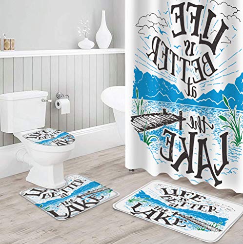 OneHoney 4 Piece Shower Curtain Sets with Non-Slip Rugs, Life is Better at The Lake Quotes Bathroom Curtains Waterproof, Lake and Mountain Landscape Decor Doormat, Toilet Lid Cover and Bath Mat