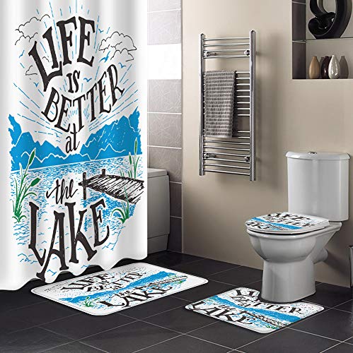 OneHoney 4 Piece Shower Curtain Sets with Non-Slip Rugs, Life is Better at The Lake Quotes Bathroom Curtains Waterproof, Lake and Mountain Landscape Decor Doormat, Toilet Lid Cover and Bath Mat