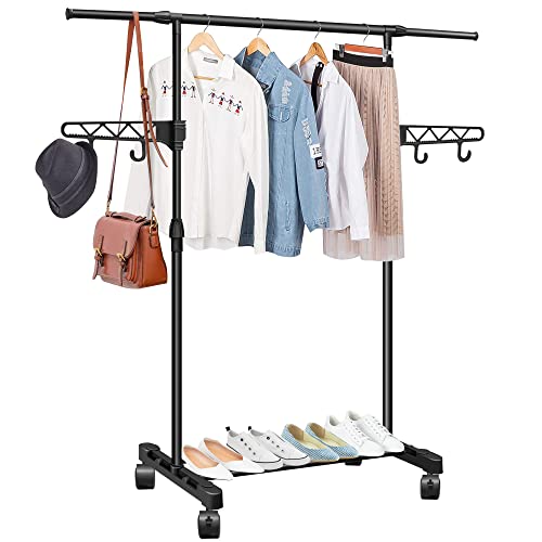 hombani Garment Rack on Wheels with Brakes and Wing Hooks, Industrial Style Rolling Clothing Organizer for Hanging Clothes, Extendable - Black