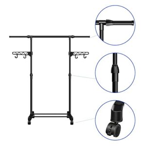 hombani Garment Rack on Wheels with Brakes and Wing Hooks, Industrial Style Rolling Clothing Organizer for Hanging Clothes, Extendable - Black