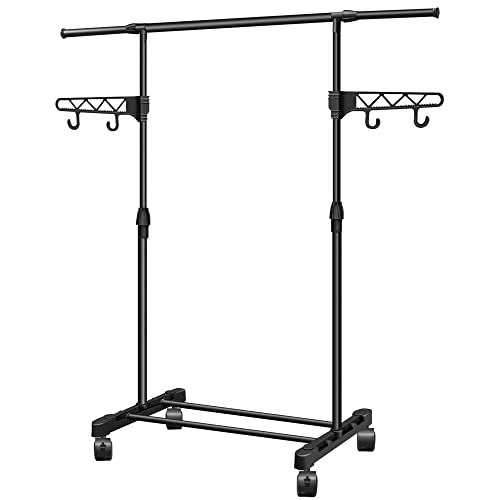 hombani Garment Rack on Wheels with Brakes and Wing Hooks, Industrial Style Rolling Clothing Organizer for Hanging Clothes, Extendable - Black