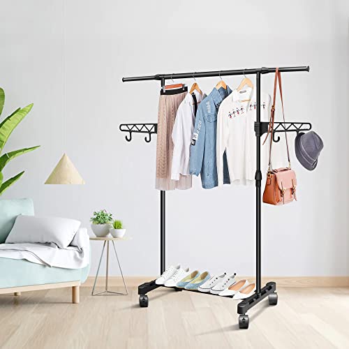 hombani Garment Rack on Wheels with Brakes and Wing Hooks, Industrial Style Rolling Clothing Organizer for Hanging Clothes, Extendable - Black