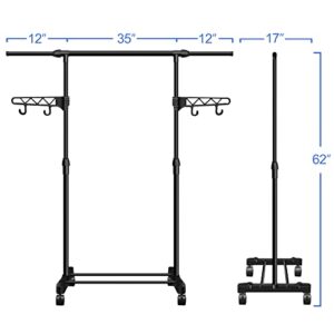 hombani Garment Rack on Wheels with Brakes and Wing Hooks, Industrial Style Rolling Clothing Organizer for Hanging Clothes, Extendable - Black