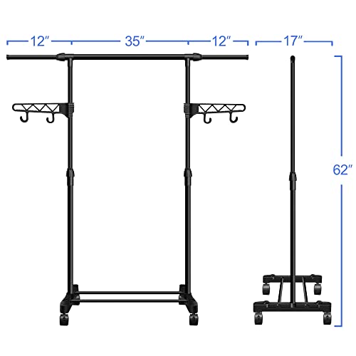 hombani Garment Rack on Wheels with Brakes and Wing Hooks, Industrial Style Rolling Clothing Organizer for Hanging Clothes, Extendable - Black