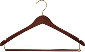 wooden curved suit hanger w/locking bar, walnut finish with brass hardware, box of 25 by the great american hanger company
