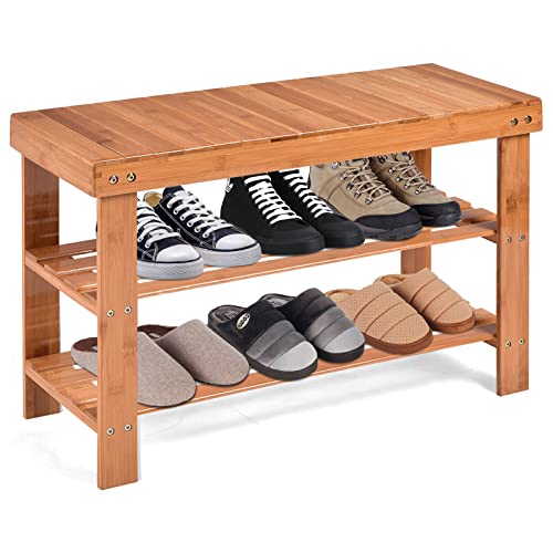 COSTWAY Bamboo Shoe Rack Bench 3-Tier Free Standing Wood Shoe Storage Organizer Shelf Holder Home Entryway Hallway Furniture Eco-Friendly (Natural)