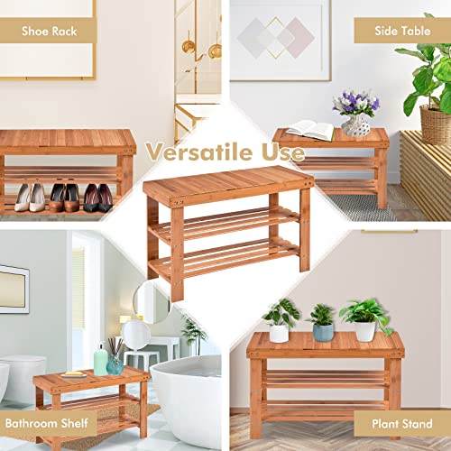 COSTWAY Bamboo Shoe Rack Bench 3-Tier Free Standing Wood Shoe Storage Organizer Shelf Holder Home Entryway Hallway Furniture Eco-Friendly (Natural)