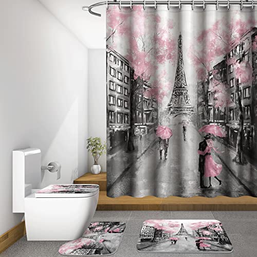 DIYCAM 4 Piece Eiffel Tower Pink Shower Curtain Set with Non-Slip Rugs, Toilet Lid Cover and Bath Mat, Shower Curtain with 12 Hooks, Durable Waterproof Bathroom Decor Set