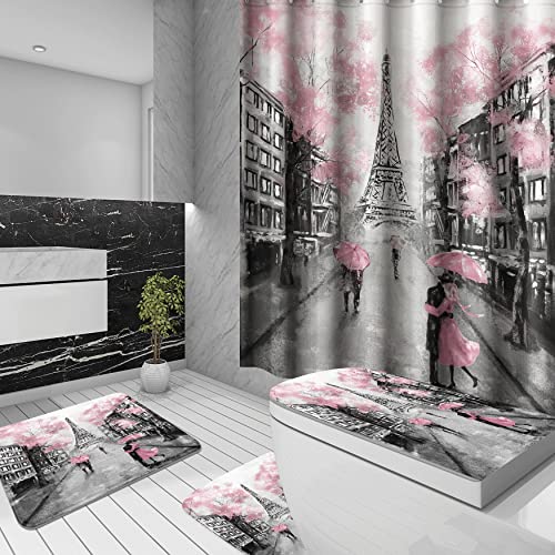 DIYCAM 4 Piece Eiffel Tower Pink Shower Curtain Set with Non-Slip Rugs, Toilet Lid Cover and Bath Mat, Shower Curtain with 12 Hooks, Durable Waterproof Bathroom Decor Set