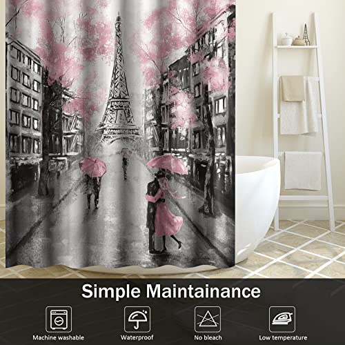 DIYCAM 4 Piece Eiffel Tower Pink Shower Curtain Set with Non-Slip Rugs, Toilet Lid Cover and Bath Mat, Shower Curtain with 12 Hooks, Durable Waterproof Bathroom Decor Set