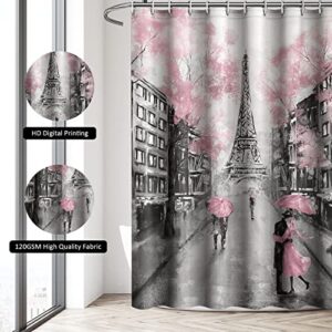 DIYCAM 4 Piece Eiffel Tower Pink Shower Curtain Set with Non-Slip Rugs, Toilet Lid Cover and Bath Mat, Shower Curtain with 12 Hooks, Durable Waterproof Bathroom Decor Set