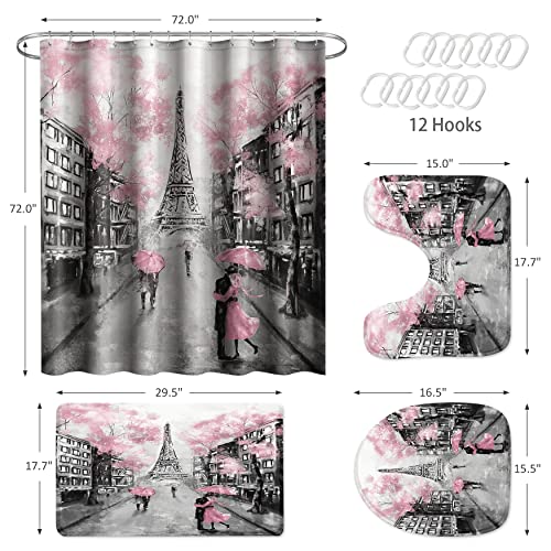 DIYCAM 4 Piece Eiffel Tower Pink Shower Curtain Set with Non-Slip Rugs, Toilet Lid Cover and Bath Mat, Shower Curtain with 12 Hooks, Durable Waterproof Bathroom Decor Set