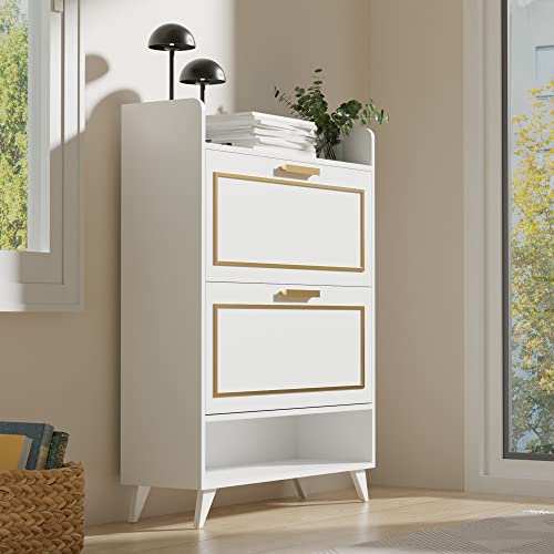 Cozy Castle Shoe Cabinet for Entryway, Freestanding Shoe Storage Cabinet with 2 Flip Drawers and Shelf, Narrow Shoe Cabinet, White (32" W x 10" D x 41.7" H)