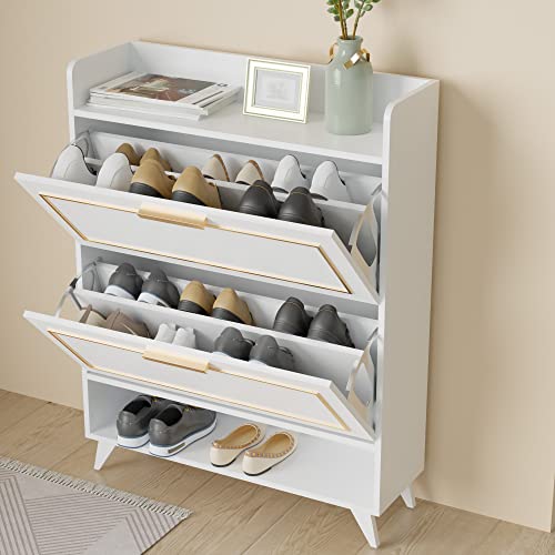 Cozy Castle Shoe Cabinet for Entryway, Freestanding Shoe Storage Cabinet with 2 Flip Drawers and Shelf, Narrow Shoe Cabinet, White (32" W x 10" D x 41.7" H)