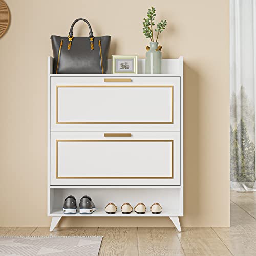 Cozy Castle Shoe Cabinet for Entryway, Freestanding Shoe Storage Cabinet with 2 Flip Drawers and Shelf, Narrow Shoe Cabinet, White (32" W x 10" D x 41.7" H)
