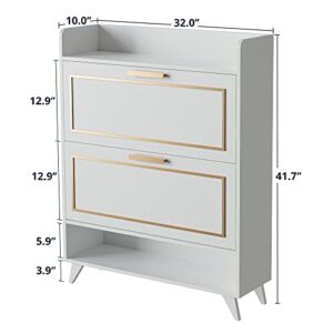 Cozy Castle Shoe Cabinet for Entryway, Freestanding Shoe Storage Cabinet with 2 Flip Drawers and Shelf, Narrow Shoe Cabinet, White (32" W x 10" D x 41.7" H)