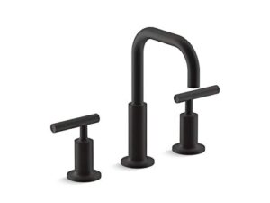 kohler 14406-4-bl purist lavatory bathroom faucet, widespread sink low lever handles and low gooseneck spout, matte black