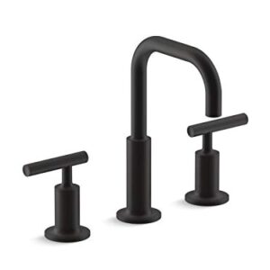 KOHLER 14406-4-BL Purist Lavatory Bathroom Faucet, Widespread Sink Low Lever Handles and Low Gooseneck Spout, Matte Black