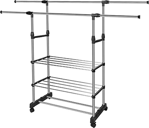 KOCASO Rolling Clothes Rack Stainless Steel for Hanging Clothes,Adjustable Double Rod Haning Rack Dual Rod Expandable Garment Rack with Wheels, ,Black,59.1in L x 16.1in W x 57.1in H