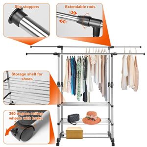 KOCASO Rolling Clothes Rack Stainless Steel for Hanging Clothes,Adjustable Double Rod Haning Rack Dual Rod Expandable Garment Rack with Wheels, ,Black,59.1in L x 16.1in W x 57.1in H