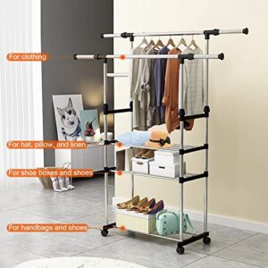 KOCASO Rolling Clothes Rack Stainless Steel for Hanging Clothes,Adjustable Double Rod Haning Rack Dual Rod Expandable Garment Rack with Wheels, ,Black,59.1in L x 16.1in W x 57.1in H