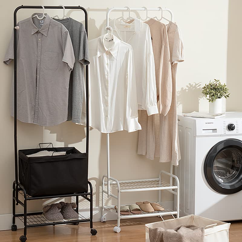 Hall tree Rack on wheels ,3 sections Laundry Cart on Entrance with shoe Storage Frames, top metal Garment Hanger rob, a removable Laundry Bag for organiser or storage,metal coat rack (white)