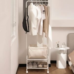 Hall tree Rack on wheels ,3 sections Laundry Cart on Entrance with shoe Storage Frames, top metal Garment Hanger rob, a removable Laundry Bag for organiser or storage,metal coat rack (white)