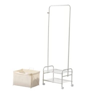 Hall tree Rack on wheels ,3 sections Laundry Cart on Entrance with shoe Storage Frames, top metal Garment Hanger rob, a removable Laundry Bag for organiser or storage,metal coat rack (white)