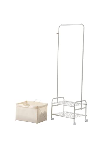 Hall tree Rack on wheels ,3 sections Laundry Cart on Entrance with shoe Storage Frames, top metal Garment Hanger rob, a removable Laundry Bag for organiser or storage,metal coat rack (white)