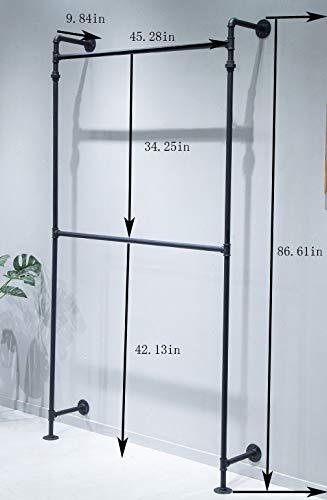 Industrial Pipe Clothes Rack, Wall Mounted Black Iron Garment Bar, Multi-Purpose Hanging Rod for Closet Storage (Black)
