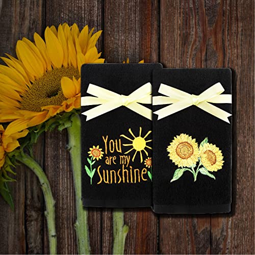 Quera 2 Pack Black Sunflower Hand Towels 100 Percent Cotton Embroidered Premium Luxury Decor Bathroom Decorative Dish Set for Drying, Cleaning, Cooking, 13.7'' x 28.7''Yellow