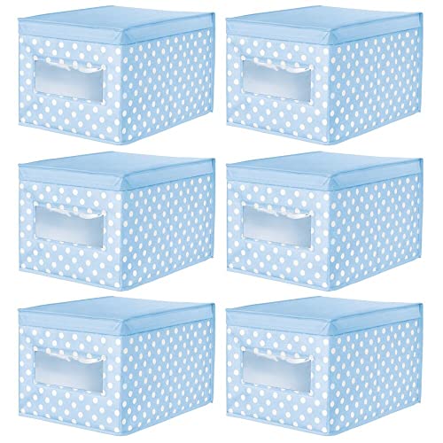 mDesign Large Soft Stackable Fabric Baby Nursery Storage Organizer Holder Bin Box with Front Window/Lid for Child/Kids Bedroom, Playroom, Classroom, Lido Collection, 6 Pack, Light Blue/White Polka Dot