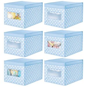 mdesign large soft stackable fabric baby nursery storage organizer holder bin box with front window/lid for child/kids bedroom, playroom, classroom, lido collection, 6 pack, light blue/white polka dot