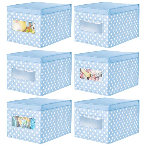 mDesign Large Soft Stackable Fabric Baby Nursery Storage Organizer Holder Bin Box with Front Window/Lid for Child/Kids Bedroom, Playroom, Classroom, Lido Collection, 6 Pack, Light Blue/White Polka Dot