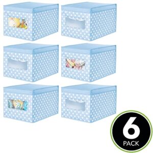 mDesign Large Soft Stackable Fabric Baby Nursery Storage Organizer Holder Bin Box with Front Window/Lid for Child/Kids Bedroom, Playroom, Classroom, Lido Collection, 6 Pack, Light Blue/White Polka Dot