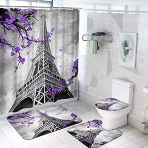 duobaorom 4 pieces set building shower curtain set eiffel tower leaning tower big ben purple flower on non-slip rugs toilet lid cover bath mat and bathroom curtain with 12 hooks 72x72inch