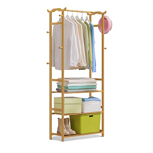 MoNiBloom Freestanding Garment Rack with Shelves and Hooks, Bamboo Tall 3 Tiers Clothes Racks Clothing Storage Shelving Unit for Bedroom Laundry Room Guest Room, Natural