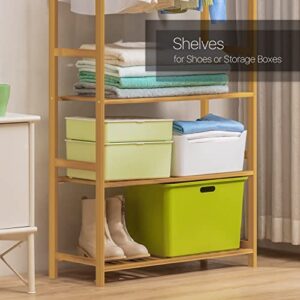 MoNiBloom Freestanding Garment Rack with Shelves and Hooks, Bamboo Tall 3 Tiers Clothes Racks Clothing Storage Shelving Unit for Bedroom Laundry Room Guest Room, Natural