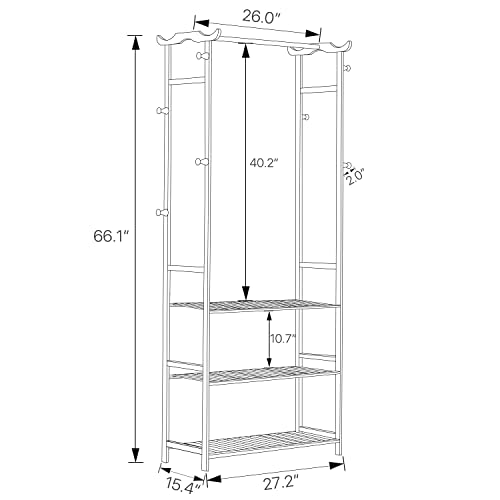 MoNiBloom Freestanding Garment Rack with Shelves and Hooks, Bamboo Tall 3 Tiers Clothes Racks Clothing Storage Shelving Unit for Bedroom Laundry Room Guest Room, Natural