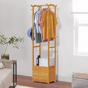 MoNiBloom Garment Rack with Drawers and Hooks, Bamboo Clothes Racks Storage Shelving Organizer Unit for Bedroom Laundry Room Guest Room, Natural